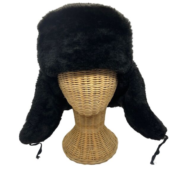 Hunting Hat Trapper Russian Ushanka Aviator Size 7 Faux Fur Vintage Black - Picture 1 of 16